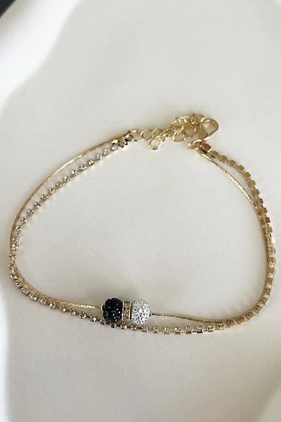 Saint Charmes Gold Color Stone Detailed Double Chain Anklet
