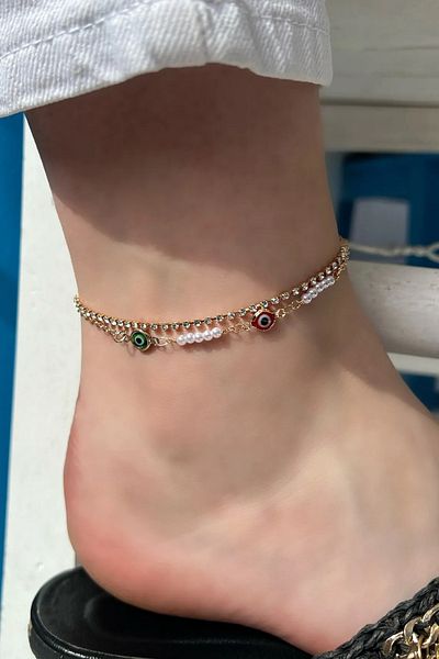 Saint Charmes Gold Color Mixed Beaded Double Chain Anklet