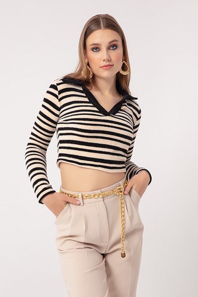 Lafaba Women's Beige Striped Knitted Sweater