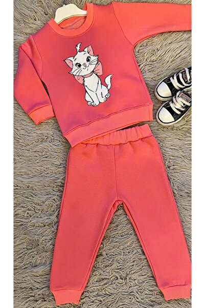 enes baby Marie kedi baskılı kışlık 3 iplik içi şardonlu kız çocuk eşofman ta...