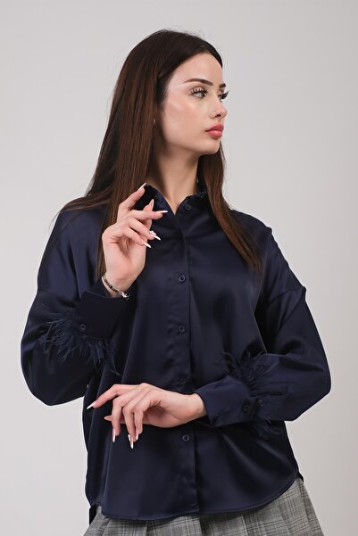 Hisleria Oversize Model Sleeve Feather Detail Navy Blue Satin Shirt