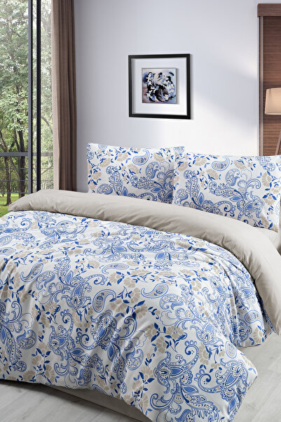 MODALİN Duvet Cover Set Single 3 Piece Hürrem - 160X220 Cm, Cotton, Blue-White Retro Pattern, Colorfast
