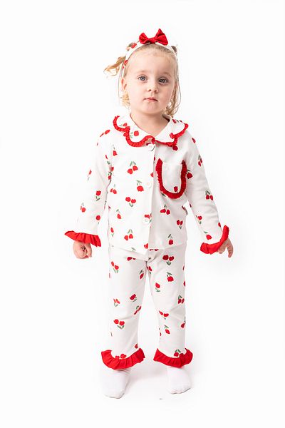 Bolly Baby 100% Cotton Baby Girl's Pjama Set with Rubbed Bandan with Button Detail