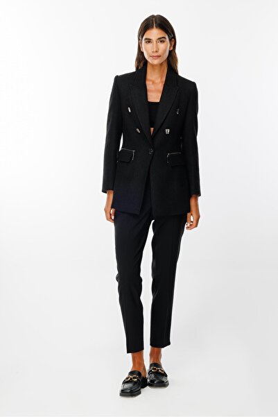 Moda İlgi Modailgi  Düğme ve Fermuar Detaylı Tweed Ceket Siyah