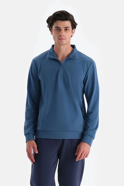 Dagi Blaues Herren Sweatshirt mit Stehkragen und halbem Reißverschluss