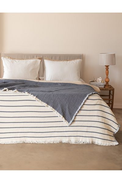 Lux Touch Alaçatı Anthracite 100% Cotton Muslin Soft Fiber Filled Bedspread Double 230X250 cm