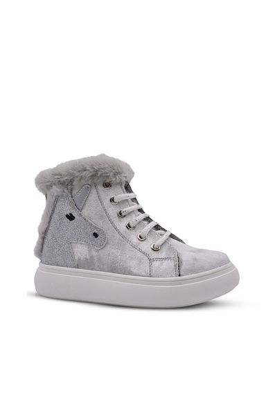 kids A more Heira Unicorn Patterned Baby Girl Boots with Plush Fur Inside Silver