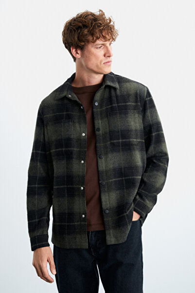 GRIMELANGE Sagan Erkek Pamuk-polyester Gömlek Yaka Relaxed Oduncu Haki Gömlek