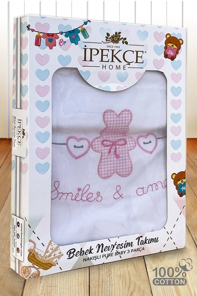 İpekçe Home Pure Baby 100% Cotton Boxed 3 Piece Embroidered Baby Duvet Cover Set