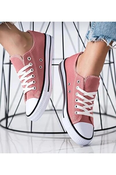 homiro Bağcıklı Unisex Kısa Keten Ayakkabı Pudra - Beyaz