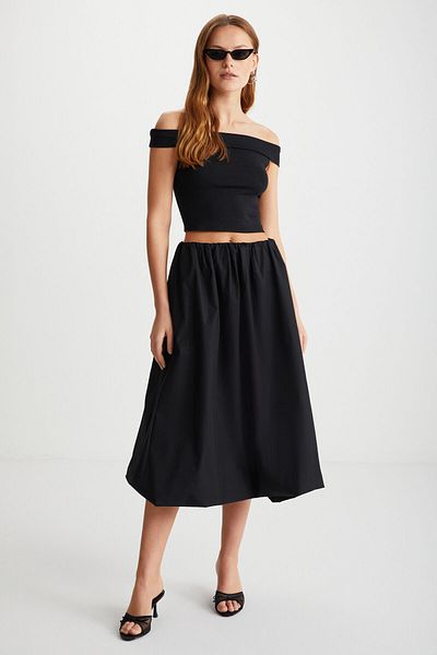 GRIMELANGE Rosalba Women's Parachute Fabric Elastic Waist Woven Balloon Black Skirt