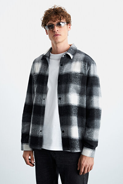 GRIMELANGE Sagan Erkek Pamuk-polyester Gömlek Yaka Relaxed Oduncu Siyah Gömlek