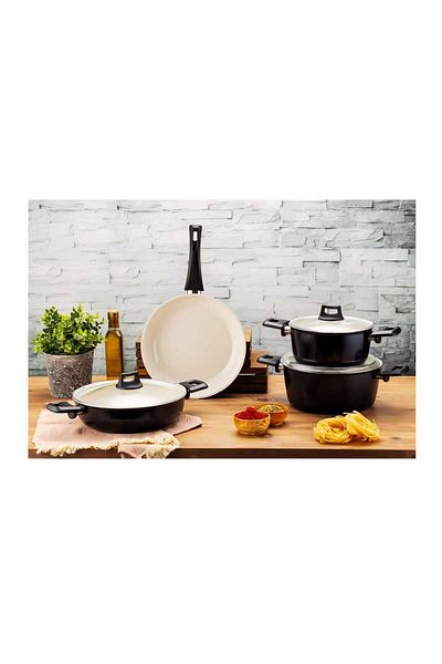 SAFLON 7 Piece Gourmet Ceramic Cookware Set - Cream