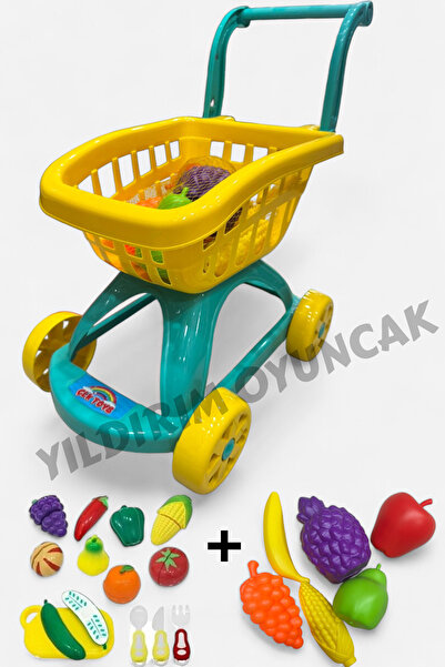 YILDIRIM OYUNCAK Market Arabası 21 Parça File Meyve Sebzeler Ve Kesilen Meyveler 45 cm -Market Arabası 2li Set