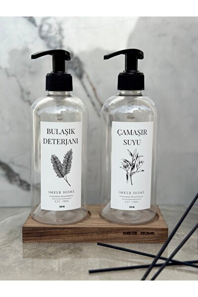 IMKER HOME 2 Gözlü Ahşap Stantlı Şeffaf Plastik Bulaşık Deterjanı Çamaşır Suy...