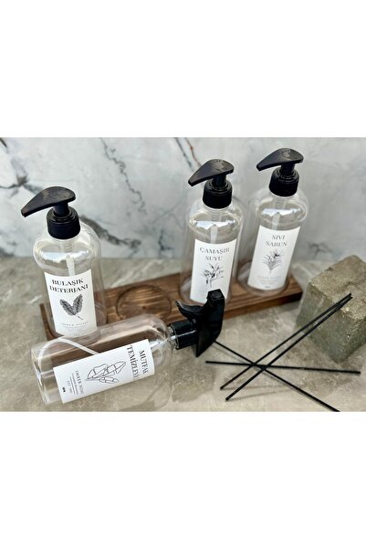 IMKER HOME 4 Gözlü Ahşap Stantlı Şeffaf Bulaşık Deterjanı Mutfak Temizleyici ...