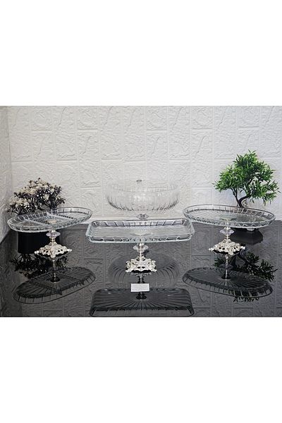 atabey home collection طقم مهر مخطط مكون من 4 قطع - 3 حاملات عرض ووعاء سلطة