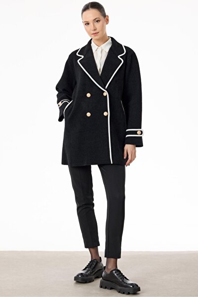 Tığ Triko Yakası Kontur Detaylı triko Kaban SİYAH