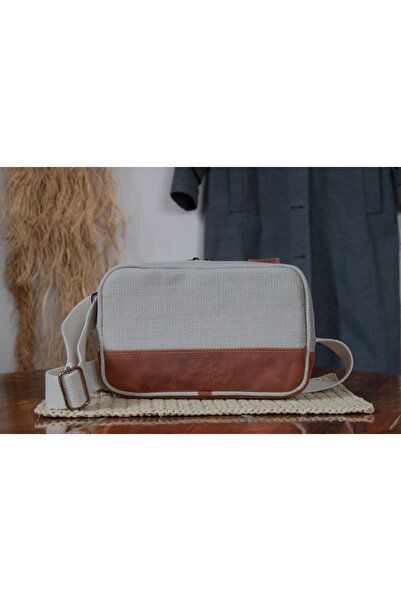 Ancient Leather Craft Hakiki Deri Ve Keten Kumaş El Yapımı Çapraz Çanta - Bel...