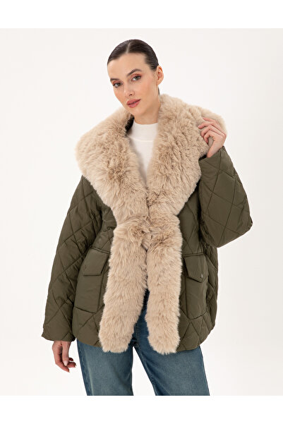 Pierre Cardin Khaki Regular Fit Fur Collar Coat 50290325-Vr027