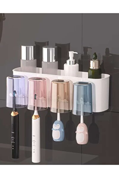 ÇEÇEN HOME Wall Mount Space Saving Toothbrush Holder with Built-In Cup - No Punching Required,