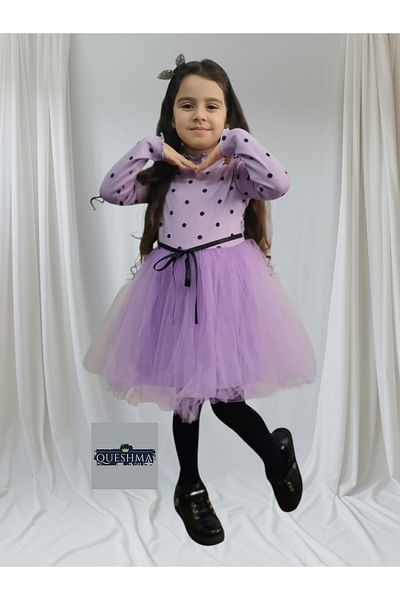 QUESHMA Rochie tutu pentru fetiță, liliac, cu mânecă lungă, elastică, cu buline