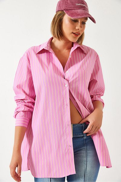 Bianco Lucci Women's Single Pocket Striped Oversize Shirt 60261094