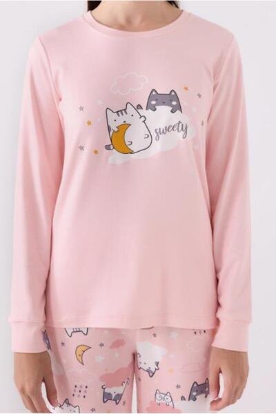 ROLY POLY 3461-S Combed Cotton Pajama Suit with Cat Pattern and Elastic Legs