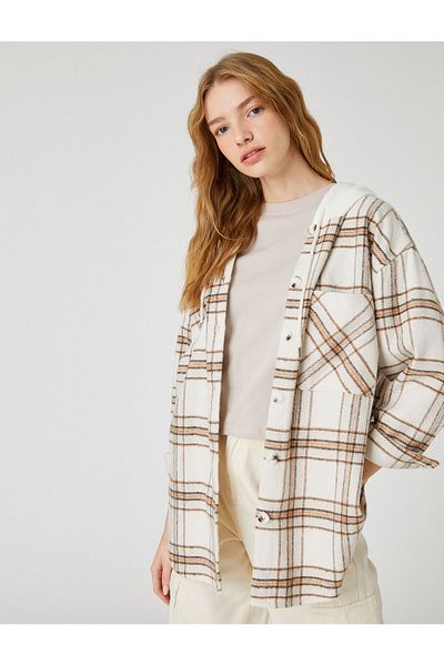 Koton Oversize Lumberjack Shirt Jacket Hooded Long Sleeve