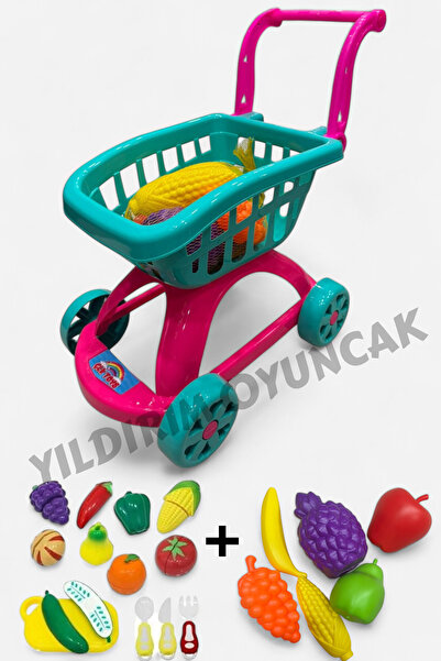 YILDIRIM OYUNCAK Market Arabası 21 Parça File Meyve Sebzeler Ve Kesilen Meyve...