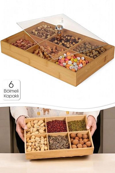 Tilbe Home 6 Compartment Transparent Acrylic Indoor Breakfast Pan Apartment Kitchen Organizer with Bamboo Snack