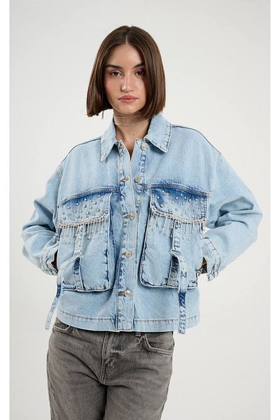 Calisa Jachetă de blugi supradimensionată cu design special cu detaliu de piatră