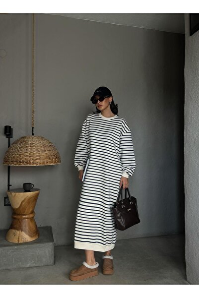 minaaise Γυναικείο φόρεμα με 3 κλωστές, μπλε ναυτικό ριγέ, μακρύ υπερμεγέθη φόρεμα 28288