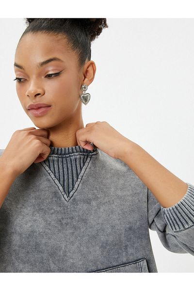 Koton Faded Effect Sweatshirt with Kangaroo Pocket Comfortable Fit Cotton Ribbed Detail