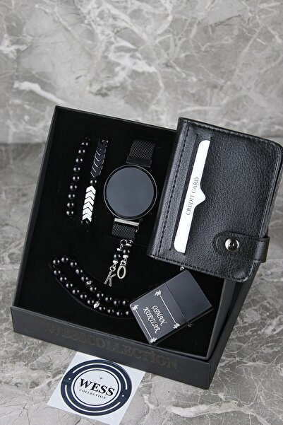 wesscollection Su Geçirmez Erkek Kol Saati Çakmak Cüzdan Tesbih Bileklik Set