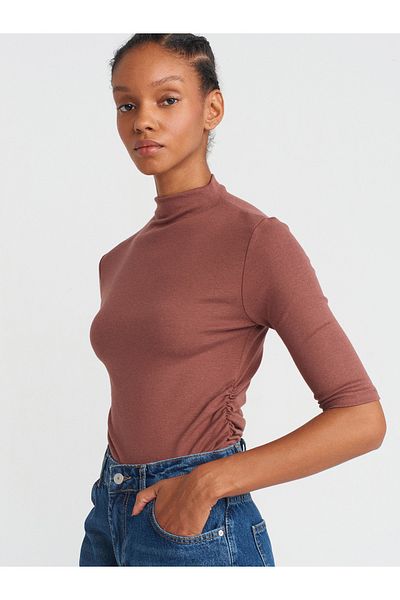 Dilvin 31470 Stand Collar Drawstring T-Shirt-Brown