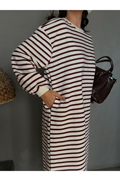 minaaise Γυναικείο μπορντό ριγέ φόρεμα 3 κλωστών χωρίς ανύψωση μακρύ υπερμεγέθη φόρεμα 28288