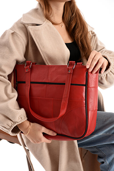 Erzeno Geantă de mână și de umăr pentru femei de mărime mare din piele naturală |   O geantă roșie din piele naturală de calitate
