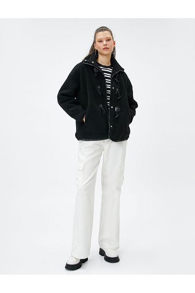 Koton Plush Jacket Stand Collar Pocket Detailed Buttoned Snap Closure