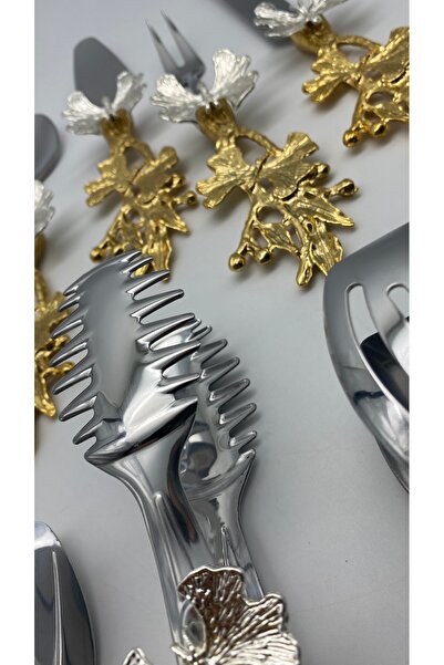 Fiyakalı Ürünler Atölyesi Silver Serving Set with 8 Butterfly Handles and Butterfly Tongs Set 18/10 Stainless Steel