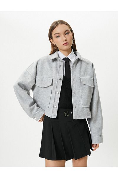 Koton Short Shirt Jacket Soft Textured Flap Pocket Long Sleeve Comfortable Fit