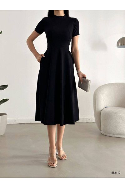 Trendusfashion Rochie lungă din țesătură creponată cu mâneci scurte și buzunare