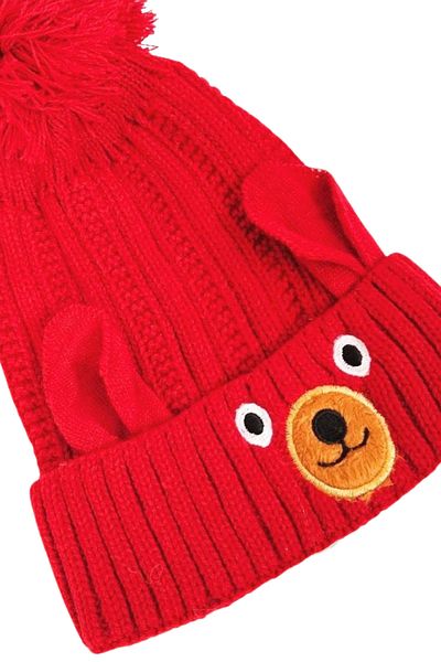 NEZADE STORE Red Children's Beanie - Wool and Figured Pompom