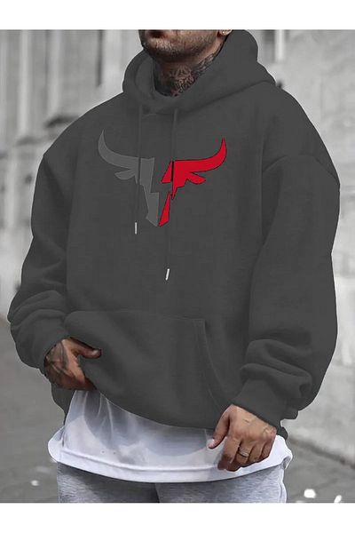 Elfa Tekstil Unisex Oversize Hooded Sweatshirt - Bull Printed
