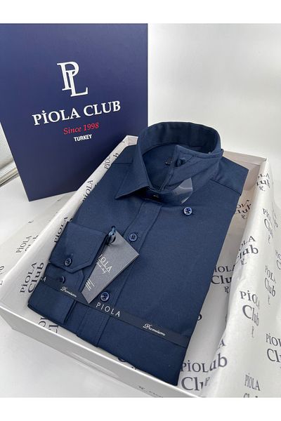 Piola Club Мъжка риза от ликра Slim Fit с яка за копчета (тъмносиня)