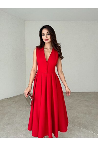 Rabia Çelik Kadın Kırmızı Önü Düğmeli V Yaka Eteği Volanlı Midi Elbise