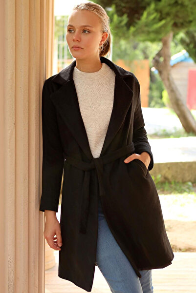 Naliru Diz Üstü Boy Uzun Kollu Cepli Kruvaze Şal Yaka Astarlı Kuşaklı Basic Ş...