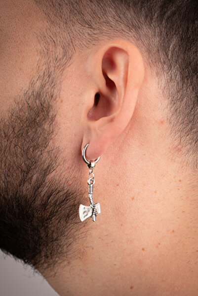 Piercing Market Steel & Silver Erkek Çelik Takı Halka Sallantılı Balta Model Küpe Paslanma Kararma Yapmaz