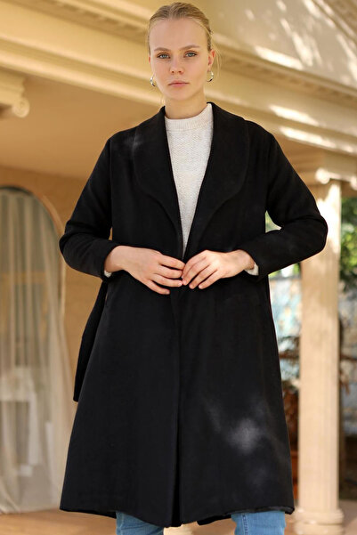 Vivika Kuşaklı Bağlamalı Çift Cepli Geniş Şal Yaka Astarlı Yırtmaçlı Diz Üstü...