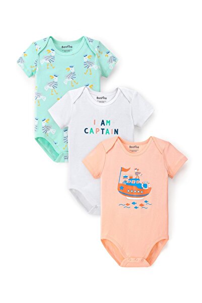 Bonfino 100% Cotton Half Sleeves Onesie Ship & Text Print Pack Of 3-  Orange ...